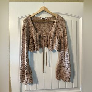 Altar'd State Taupe Crochet Tie-Front Knit Shaw/shrug
